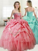 Inexpensive Watermelon Red Ball Gowns Sweetheart Sleeveless Organza and Taffeta Floor Length Lace Up Beading Sweet 16 Dress
