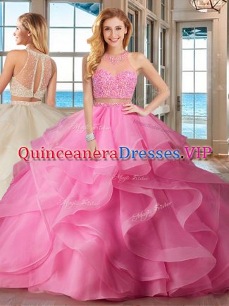 Baby Pink Lace Up High-neck Beading and Ruffles Quinceanera Gown Organza Sleeveless Brush Train