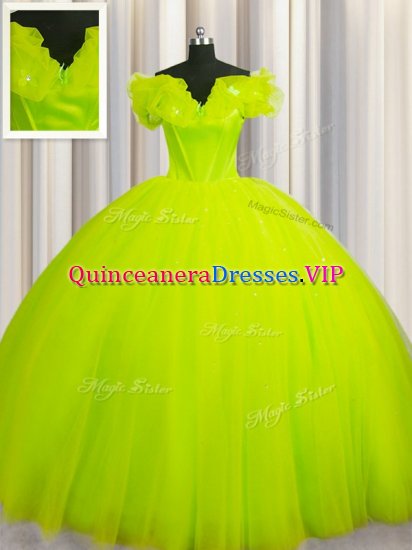 Yellow Green Tulle Lace Up Off The Shoulder Short Sleeves With Train Quinceanera Gowns Court Train Ruching - Click Image to Close