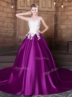 Clearance Scoop Sleeveless Quinceanera Gown With Train Court Train Lace and Appliques Eggplant Purple Elastic Woven Satin(SKU YCQD0151-3BIZ)