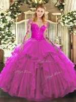 Eye-catching Fuchsia Tulle Lace Up Quinceanera Gown Long Sleeves Floor Length Lace and Ruffles