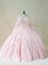 Ball Gowns 15th Birthday Dress Baby Pink V-neck Satin and Tulle Long Sleeves Floor Length Lace Up