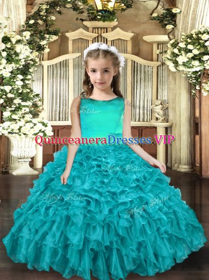Aqua Blue Ball Gowns Scoop Sleeveless Organza Floor Length Lace Up Ruffles Little Girls Pageant Dress - Click Image to Close