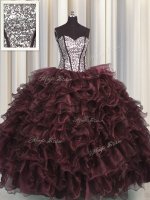 Hot Selling Visible Boning Sleeveless Organza and Sequined Floor Length Lace Up 15 Quinceanera Dress in Brown with Ruffles and Sequins