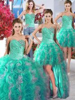 Glorious Four Piece Beading Ball Gown Prom Dress White and Turquoise Lace Up Sleeveless Floor Length