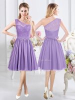 Elegant Lavender Chiffon Side Zipper One Shoulder Sleeveless Knee Length Court Dresses for Sweet 16 Lace