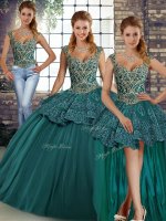 Floor Length Green Quinceanera Dresses Tulle Sleeveless Beading and Appliques