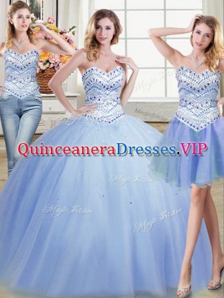 Three Piece Sweetheart Sleeveless Lace Up Quinceanera Gowns Light Blue Tulle