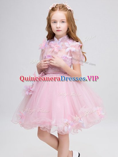 High-neck Short Sleeves Tulle Pageant Gowns For Girls Appliques Zipper - Click Image to Close