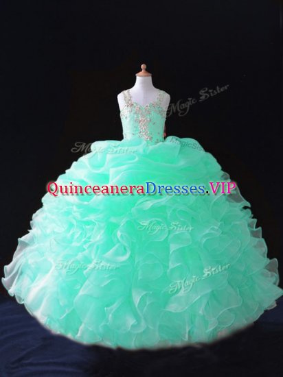 Best Beading and Ruffles and Pick Ups Pageant Gowns For Girls Apple Green Zipper Sleeveless Floor Length - Click Image to Close