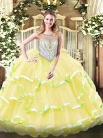 Graceful Sleeveless Organza Floor Length Zipper Vestidos de Quinceanera in Yellow Green and Light Yellow with Beading and Ruffled Layers