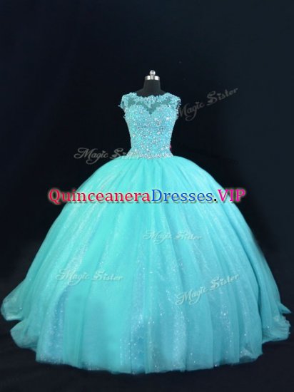 Aqua Blue Ball Gowns Tulle Scoop Sleeveless Beading and Lace Floor Length Lace Up Quinceanera Dress - Click Image to Close