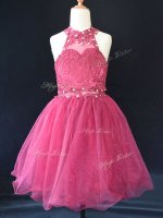 Hot Pink A-line Beading and Lace Pageant Gowns For Girls Lace Up Organza Sleeveless Mini Length