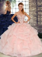 Beading and Ruffles Quinceanera Dresses Baby Pink Lace Up Sleeveless Floor Length
