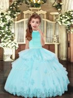 Adorable Floor Length Aqua Blue Custom Made Pageant Dress Halter Top Sleeveless Backless