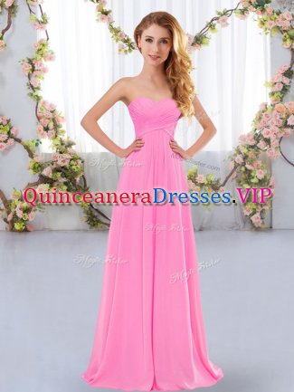 Rose Pink Lace Up Quinceanera Dama Dress Ruching Sleeveless Floor Length