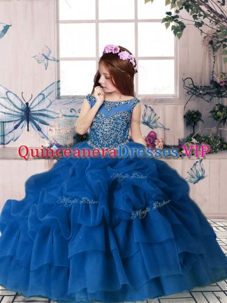 Enchanting Blue Sleeveless Floor Length Beading and Pick Ups Zipper Little Girl Pageant Gowns