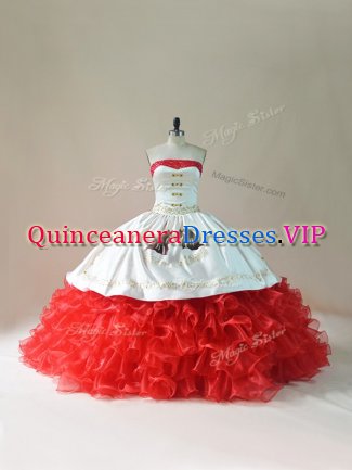 Glittering White And Red Sleeveless Organza Brush Train Lace Up Sweet 16 Quinceanera Dress for Sweet 16 and Quinceanera