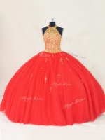 Sexy Floor Length Red Vestidos de Quinceanera Tulle Sleeveless Beading and Appliques