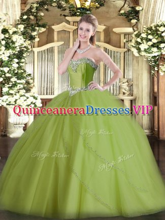 Deluxe Sweetheart Sleeveless Quinceanera Gown Brush Train Beading Olive Green Tulle