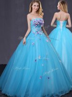 Sleeveless Floor Length Appliques Lace Up Quinceanera Gown with Baby Blue