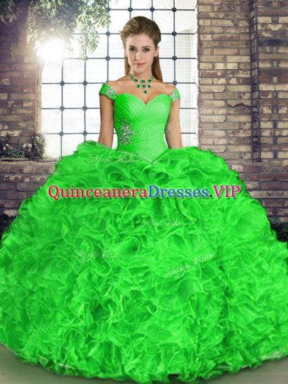 Popular Green Ball Gowns Organza Off The Shoulder Sleeveless Beading and Ruffles Floor Length Lace Up 15 Quinceanera Dress - Click Image to Close