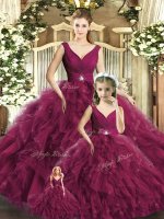 Latest Burgundy Sleeveless Floor Length Beading and Ruffles Backless Sweet 16 Dresses