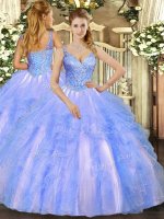 Ideal Floor Length Blue Sweet 16 Dress Tulle Sleeveless Beading and Ruffles(SKU SJQDDT1076002BIZ)