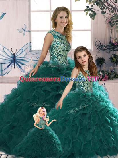 Customized Organza Scoop Sleeveless Lace Up Beading and Ruffles Ball Gown Prom Dress in Peacock Green - Click Image to Close
