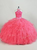 Fabulous Halter Top Sleeveless Tulle Quinceanera Dresses Beading and Ruffles Lace Up