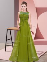 Olive Green Chiffon Zipper Scoop Sleeveless Floor Length Vestidos de Damas Beading and Appliques