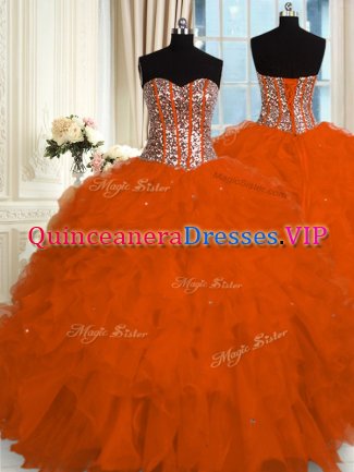 Floor Length Red 15 Quinceanera Dress Organza Sleeveless Beading and Ruffles