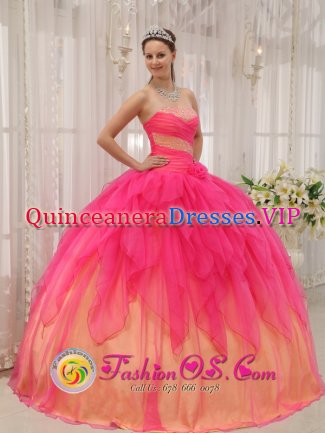 Beachwood Ohio/OH Hot Pink and Gold Riffles Sweet 16 Dress With Ruch Bodice Organza and Beaded Decorate Bust