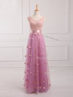 Fitting Lilac Sleeveless Lace and Appliques Floor Length Damas Dress