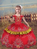 Dazzling Floor Length Red Little Girl Pageant Dress Satin Sleeveless Beading and Embroidery(SKU XBLD026-7BIZ)
