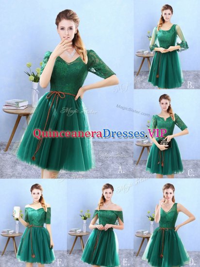 Latest Green Backless V-neck Lace Dama Dress Tulle Half Sleeves - Click Image to Close