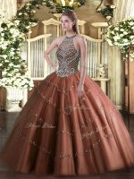 Low Price Floor Length Chocolate Sweet 16 Dresses Halter Top Sleeveless Lace Up