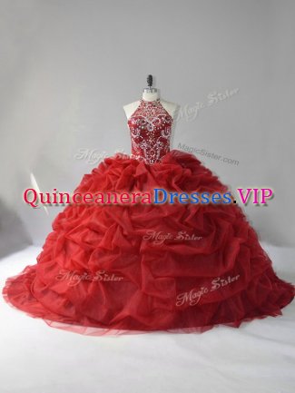 Wine Red Organza Lace Up Sweet 16 Dresses Sleeveless Court Train Beading and Pick Ups