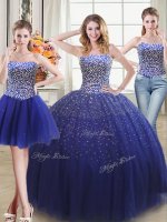 Three Piece Royal Blue Sleeveless Floor Length Beading Lace Up 15th Birthday Dress