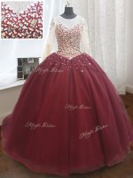 Modest Scoop Beading and Sequins Vestidos de Quinceanera Wine Red Lace Up Long Sleeves Court Train(SKU PSSW061BIZ)