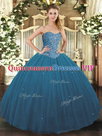 Custom Fit Beading Quinceanera Gown Teal Lace Up Sleeveless Floor Length