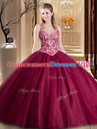 Glamorous Burgundy Sleeveless Tulle Lace Up Quinceanera Gown for Military Ball and Sweet 16 and Quinceanera