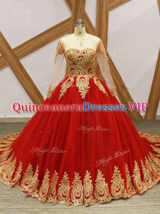 Wine Red Sweet 16 Dresses Scoop Long Sleeves Court Train Lace Up