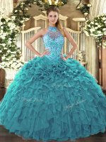 Sophisticated Teal Sleeveless Floor Length Beading and Embroidery and Ruffles Lace Up 15 Quinceanera Dress