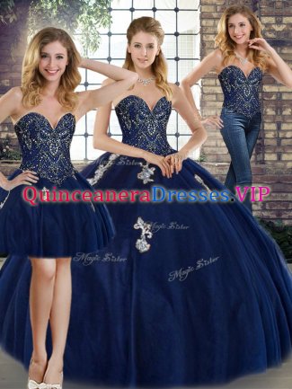 Beading and Appliques Ball Gown Prom Dress Navy Blue Lace Up Sleeveless Floor Length