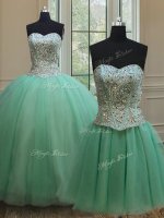 Three Piece Apple Green Lace Up Sweetheart Beading Quinceanera Gown Tulle Sleeveless