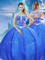Flare Sleeveless Organza Floor Length Zipper Military Ball Gowns in Blue with Beading