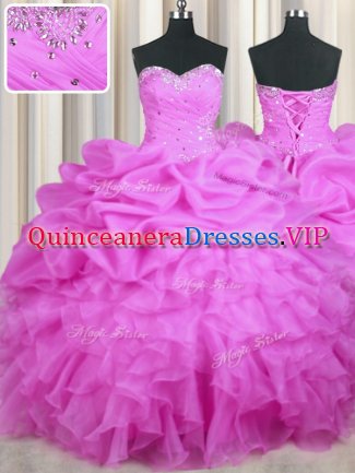 Flirting Lilac Sweetheart Neckline Beading and Ruffles and Sequins and Ruching Ball Gown Prom Dress Sleeveless Lace Up