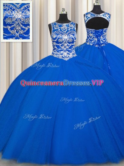 Inexpensive Ball Gowns 15 Quinceanera Dress Royal Blue Scoop Tulle Sleeveless Floor Length Lace Up - Click Image to Close