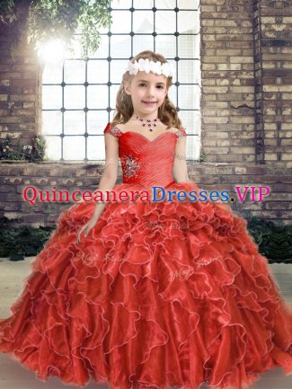 Red Organza Lace Up Straps Sleeveless Floor Length Pageant Gowns Beading and Ruffles